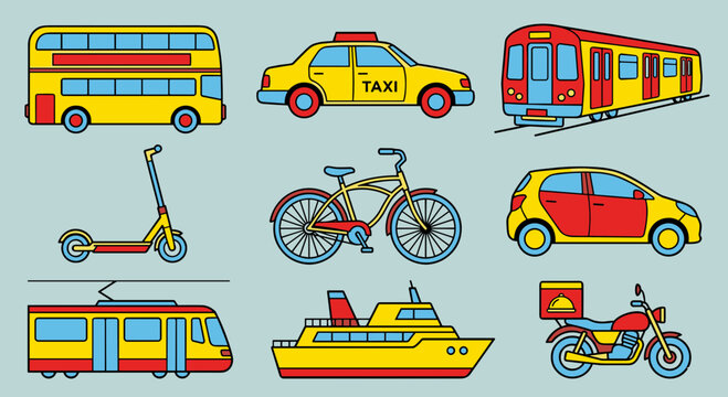 Colorful public transportation and vehicle icons set including bus taxi train scooter bicycle car tram ship and motorcycle in flat style