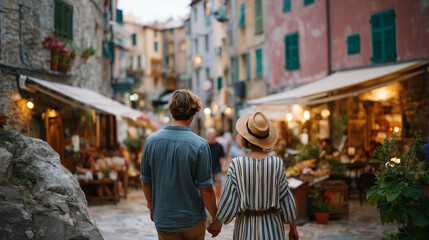 Obraz premium Couple exploring a colorful local food market in a narrow cobblestone European old town street, perfect for cultural vacation experience, travel food exploration, European holiday,