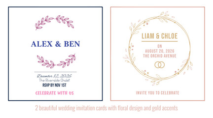 Obraz premium 2 beautiful wedding invitation cards with floral design and gold accents