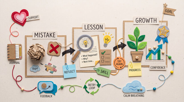 Self-Esteem Growth Infographic, Handmade Paper Cut Craft Flat Lay, Mistake Lesson Growth Workflow Diagram for Coaching and Education.