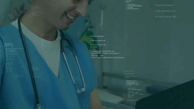 Male doc tapping scans, assessing results while data overlay marking scan, smiling at camera