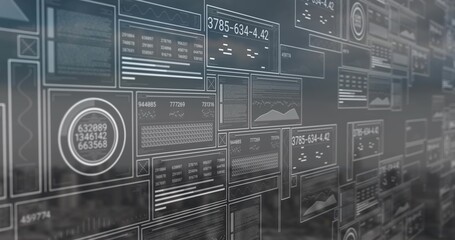 Displaying transparent HUD panels and widgets on high-rise glass, showing gauge and charts