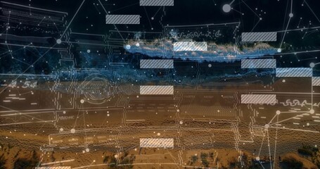 Naklejka premium Showing aerial shoreline combining breaking surf, textured sand at dusk, with HUD network overlays