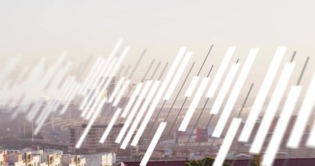Obraz premium Showing slanted white bars overlaying hazy coastal skyline, featuring highway and cargo ship
