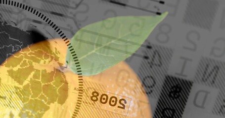 Showing orange fruit with green leaf filling center in digital collage, globe gauge 8002-stamp © vectorfusionart