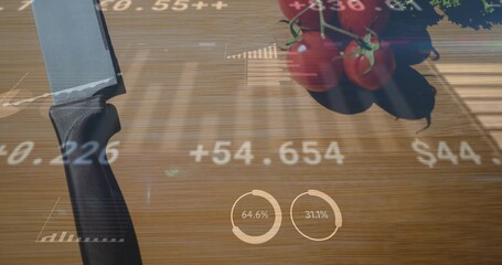 Displaying knife with black handle lying on wood board, cherry tomatoes and AR overlays, copy space