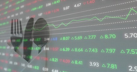 Displaying cutlery trio blending with stock ticker and green line graph on monitor, copy space
