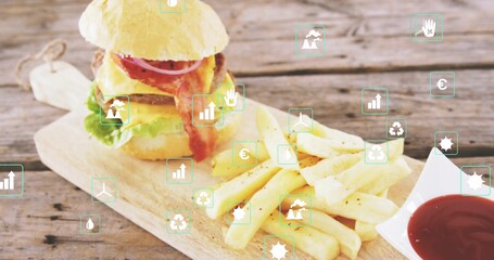 Featuring cheeseburger and seasoned fries on wooden board at cafe table, turquoise UI icons