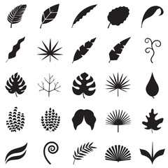 Fototapeta premium Set of black silhouette vector leaves and floral icons featuring nature elements like trees and plants for decorative tattoo art or seamless pattern design