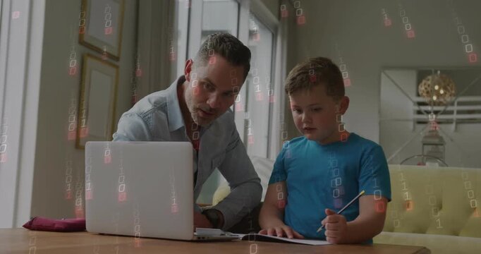 Father and son clicking laptop link, causing 0s and 1s falling, showing system infection in tech