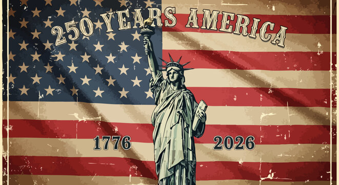 American flag with Statue of Liberty and 250 years America text vector