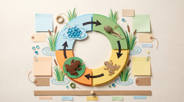 Frog Life Cycle Template, Paper Cut Craft Flat Lay, Egg Tadpole Froglet Adult Cycle With Blank Labels, Copy Space No Text Biology Infographic.