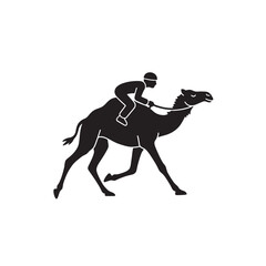 Black vector illustration of a wild stallion and equestrian rider silhouette galloping through nature, capturing the spirit of a western cowboy or jockey in a professional sport art style