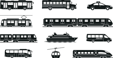 Obraz premium A detailed collection of black silhouette icons representing various public transportation vehicles and urban transit systems for city mobility.