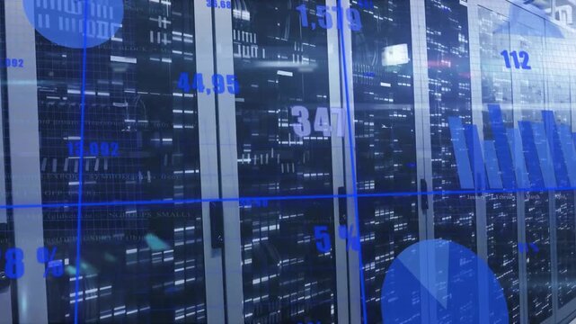 Camera panning right, blue charts shifting across glass racks, updating metrics for monitoring