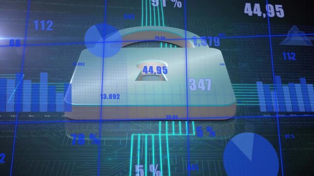 Frame advancing padlock drawing cyan traces while charts updating showing rising data into keyhole