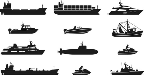 Fototapeta premium A comprehensive collection of black silhouette icons illustrating various types of boats and ships for marine transportation.