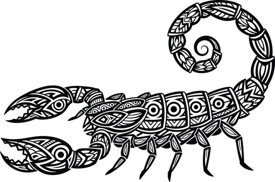 Ornamental scorpion illustration, tribal tattoo style zodiac symbol, black and white decorative geometric vector design