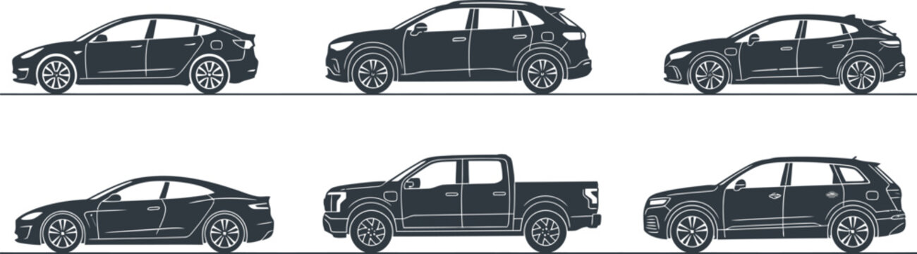 A clear presentation of various electric vehicle body types, including sedans, SUVs, and pickup trucks, rendered as modern gray silhouettes.