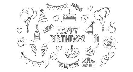 Outlined birthday elements like cake, balloons, candies, and text "Happy Birthday" arranged on white