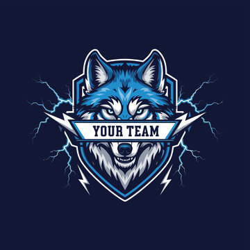 Blue Wolf Logo Design with Lightning.