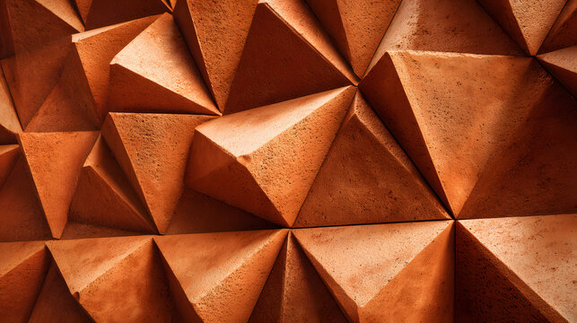 Wall covered in 3D-geometric terracotta tiles with triangular peaks, play of light and shadow, earthy orange color, matte finish, modern Mediterranean interior, close-up texture, photographic style