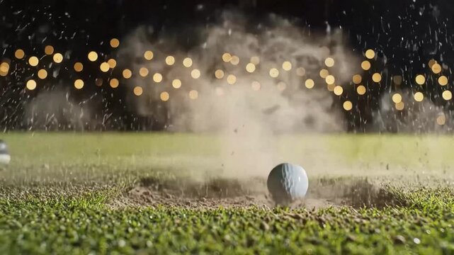 Dynamic golf swing impacting turf with dirt and debris flying