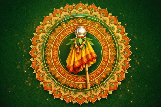 &ldquo;Close-up of beautifully decorated gudi with bright silk cloth, intricate golden zari patterns, sugar garland, neem leaves, copper kalash shining in sunlight, shallow depth of field, soft bokeh backgr