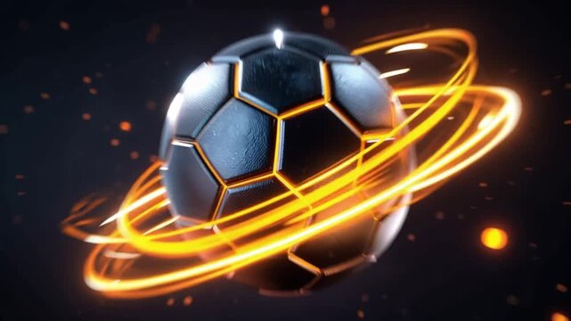 A soccer ball surrounded by glowing rings, like a planet with rings. The background is dark and starry.