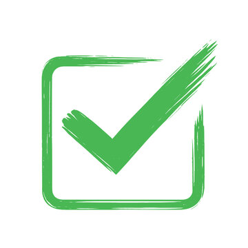 Green brush stroke checkmark in square checkbox, hand drawn approval symbol icon isolated on transparent background