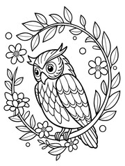 Obraz premium A black and white drawing of an owl surrounded by flowers