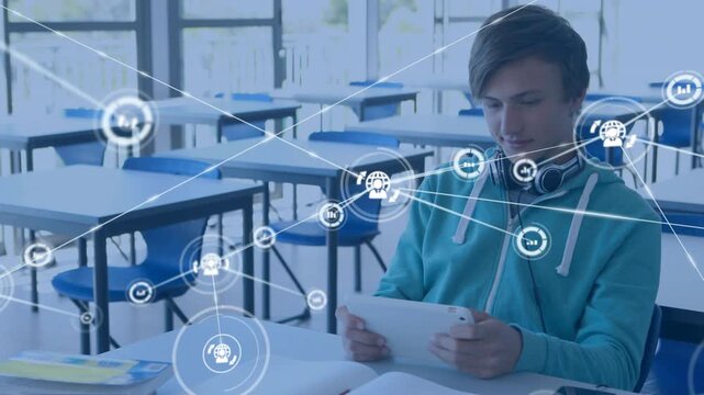 Student tapping tablet, generating expanding icon network overlaying frame, enhancing education