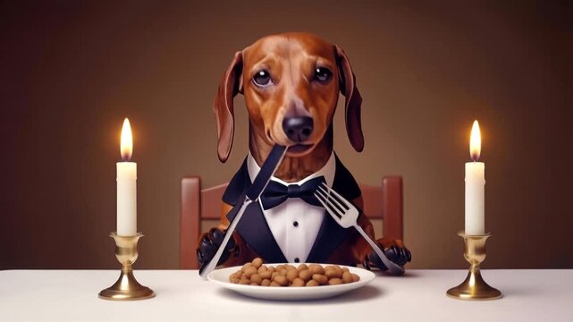 Dachshund dog wearing tuxedo sitting at dinner table with candles. Anthropomorphic pet having formal meal with knife and fork. Lockdown shot.