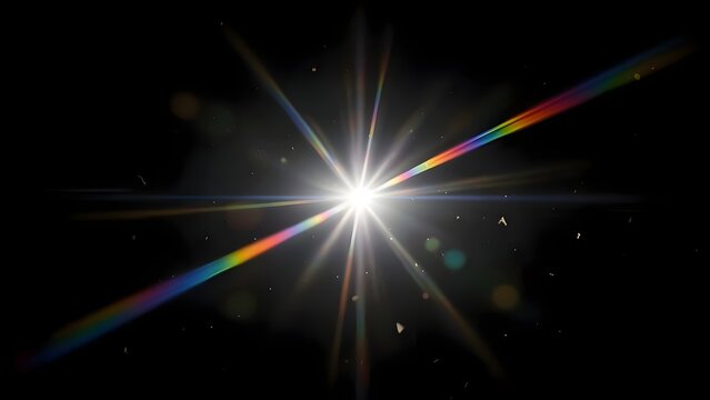 Bright lens flare with rainbow light refraction and sparkling starburst on black background