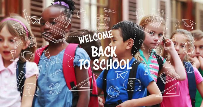 Students walking school steps, doodles joining into WELCOME BACK TO SCHOOL backpacks chatting