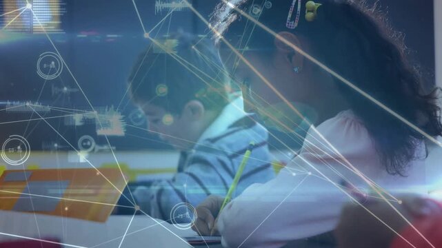 Girl and boy writing classwork after prompt, camera revealing desks, network overlaying students