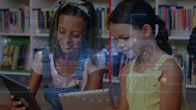 Two school-age girls leaning in and sharing tablet, shifting to tapping, learning with HUD overlay
