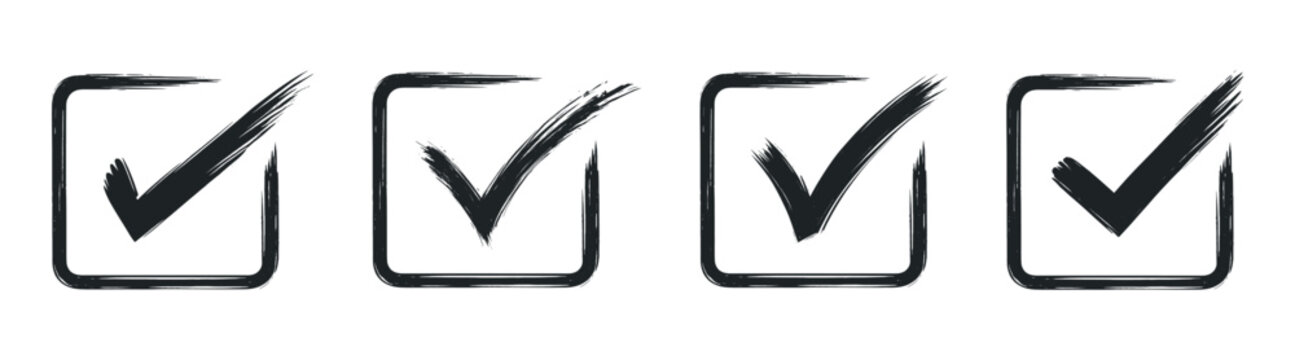 Hand drawn check mark checkbox icon set, brush outline approval and confirmation symbols on transparent background