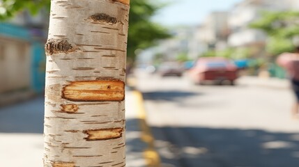 Fototapeta premium White tree trunk stands prominently in the foreground against a blurred urban street scene.