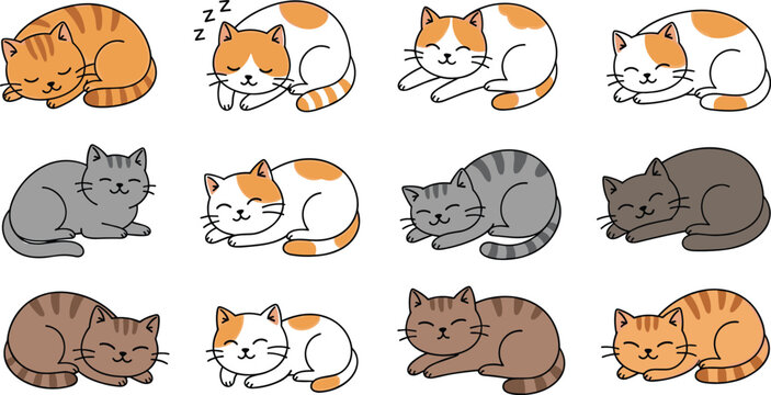 Cute Sleeping Cats Collection Cartoon Kitten Poses Vector Illustration Set