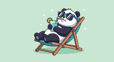 Cute panda relaxing on beach chair with refreshing cocktail. © NFS Studio
