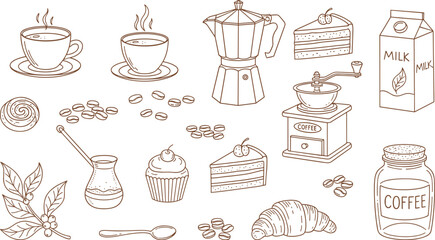 Illustration of coffee and bakery related items in a simple line drawing style