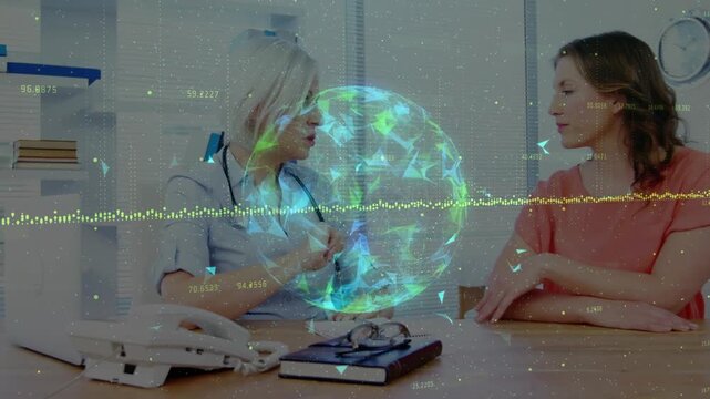 Doc starting visit speaking and gesturing lifting cell while globe AV waveform showing health data