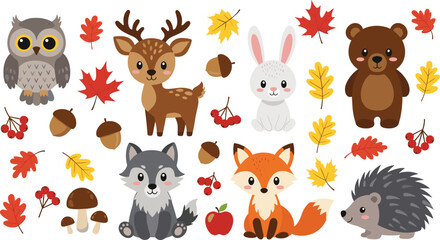 Obraz premium Woodland Autumn Animal Illustration Set – Cute Kawaii Forest Creatures with Fall Leaves Acorns and Mushrooms for Nursery Decor and Thanksgiving Stationery