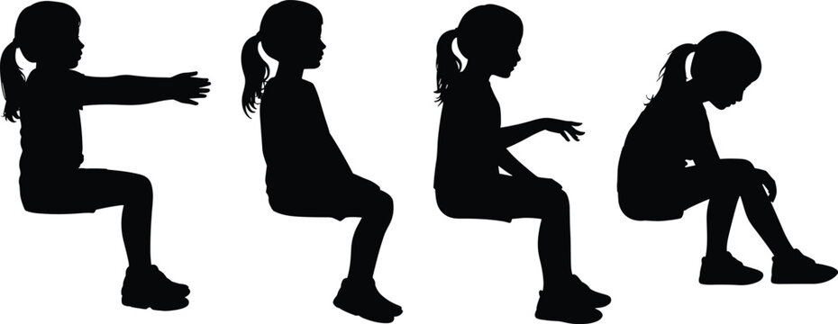 Black silhouettes of a young girl sitting in various poses including reaching and resting isolated on white background for design