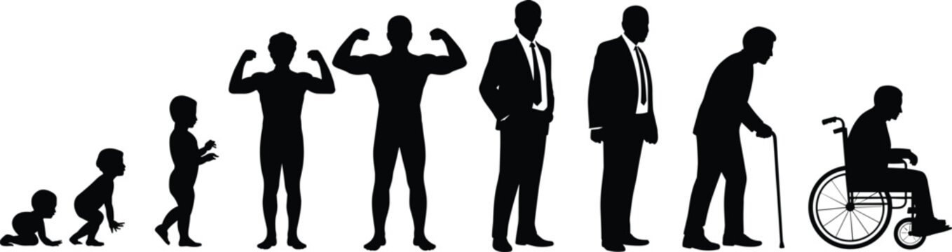 Black silhouettes of human life cycle from baby crawling to old man in wheelchair isolated on white background for design