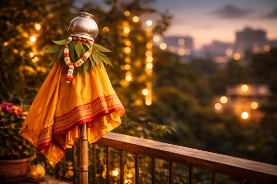 Traditional Gudi Padwa / padva Gudi with Silk Cloth and Kalash at Sunrise