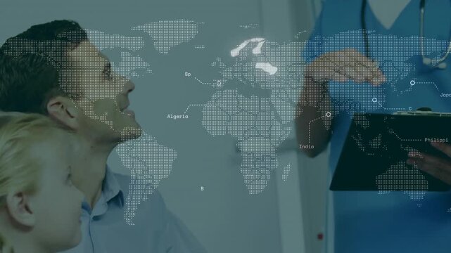 Doctor pointing at tablet and initiating faint dotted map highlighting regions for health briefing