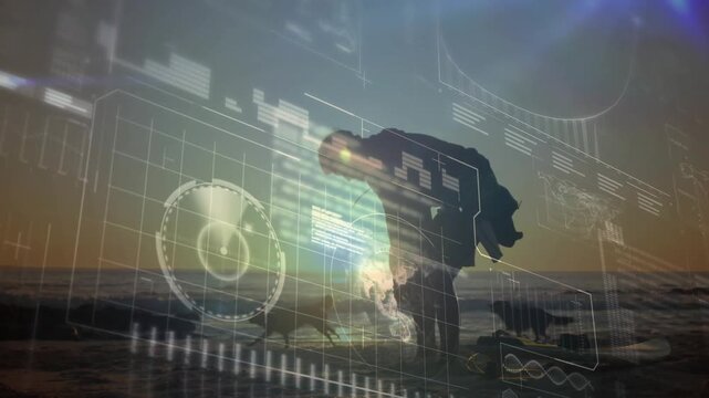 Man looking down, bending and reaching inspecting shore while AR HUD panels sliding framing outline