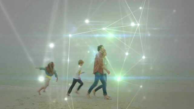 Parents walking with children along foggy beach while digital network flaring, kids chasing nodes